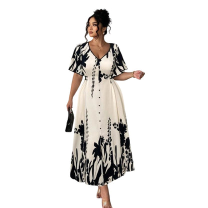👗Jetzt 50% reduziert!🌸 Damen-Midikleid mit botanischem Print – V-Ausschnitt, A-Linie und Volantärmel🌿