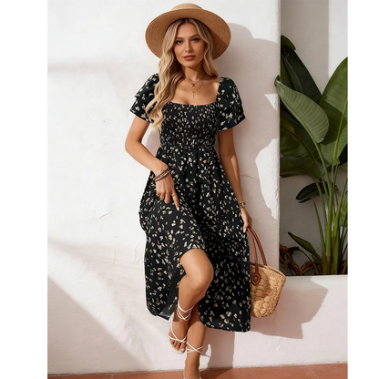🔥Letzter Tag 50% RABATT🔥Women's Square Neck Smocked Floral Midi Dress